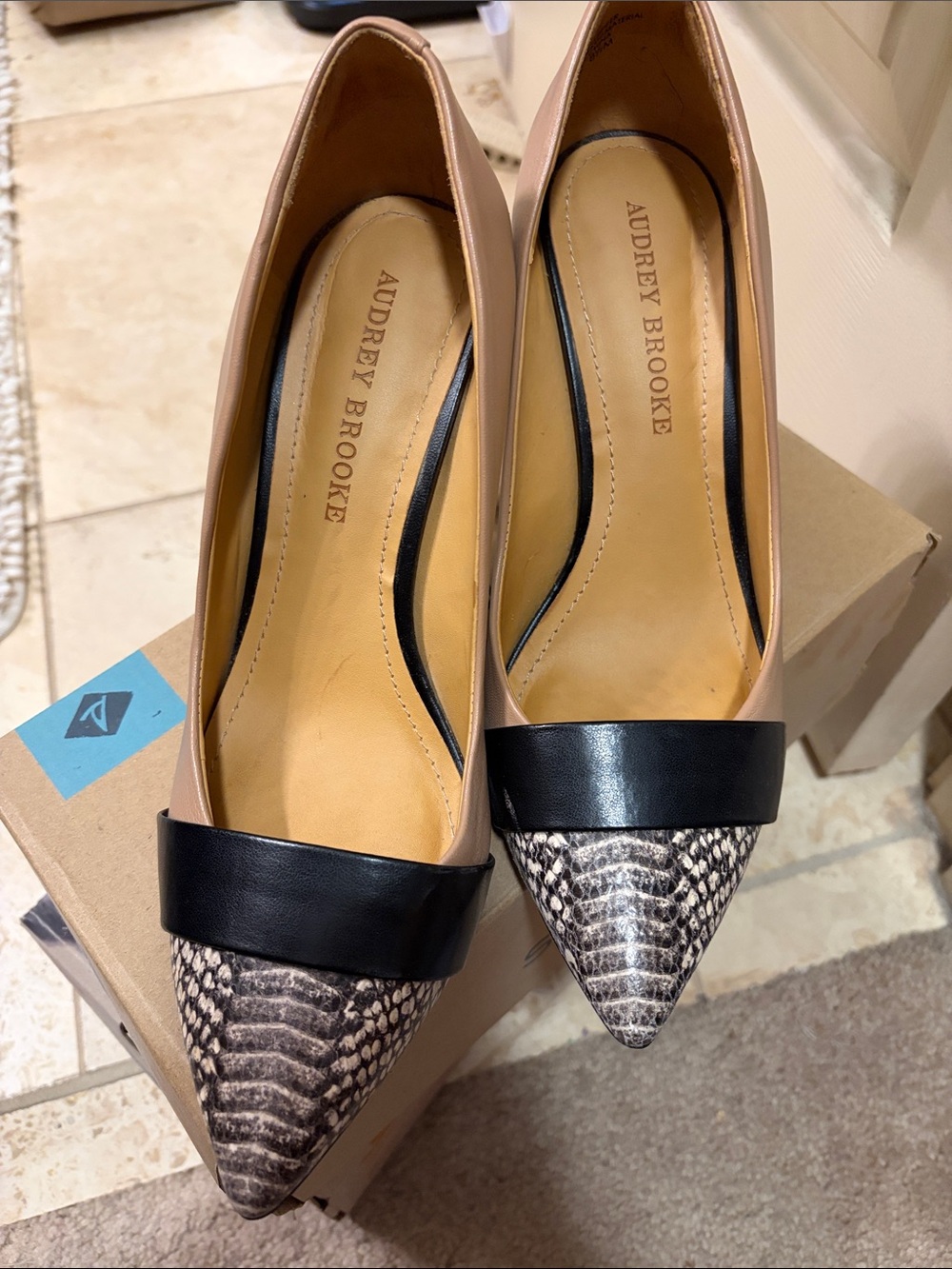 Audrey Brooke Tan Flats with Black Strap and Snake-Print Toe